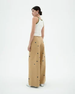 Pantalón wide leg camel bordado a mano Hedda