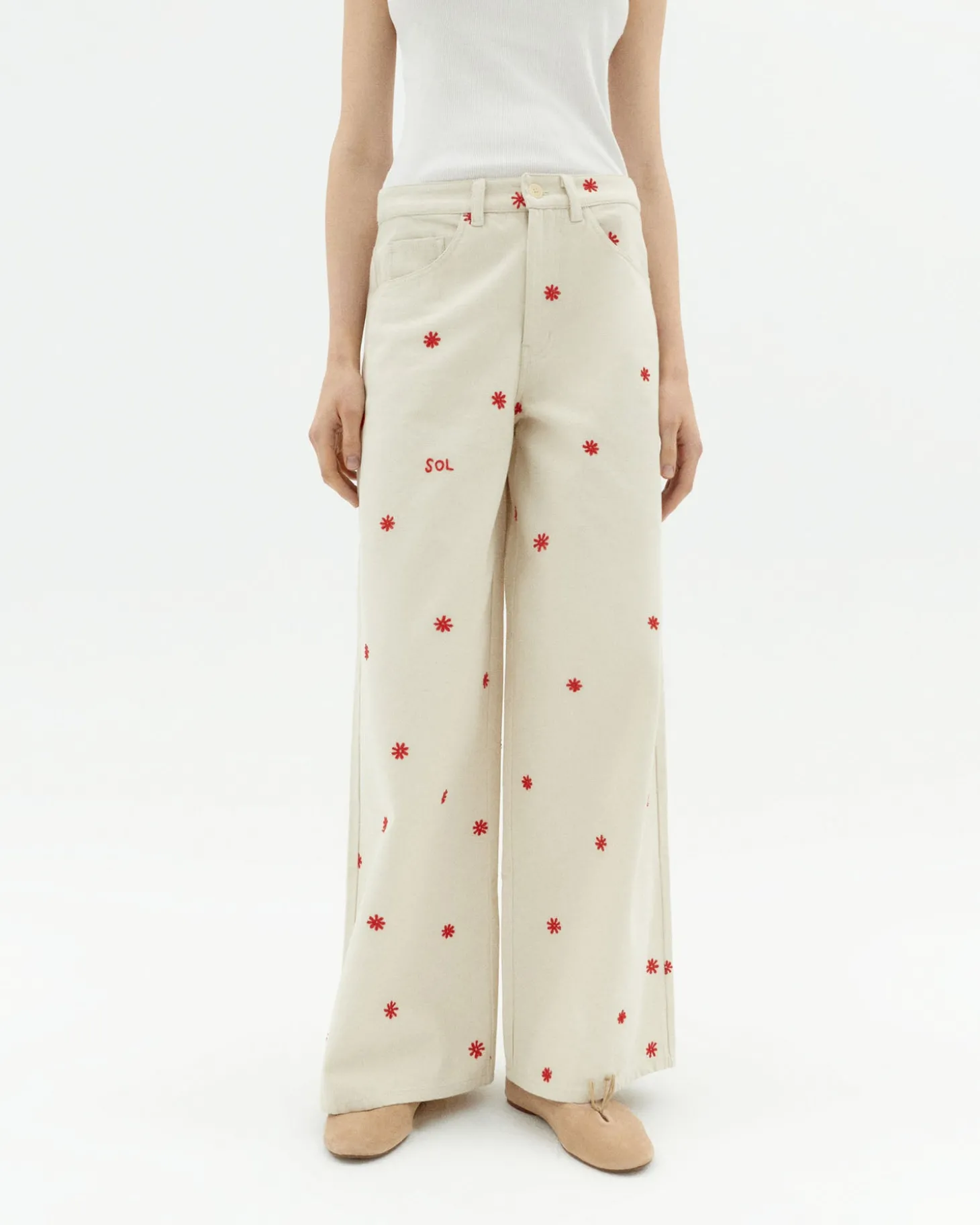 Pantalón wide leg crudo bordado a mano Hedda