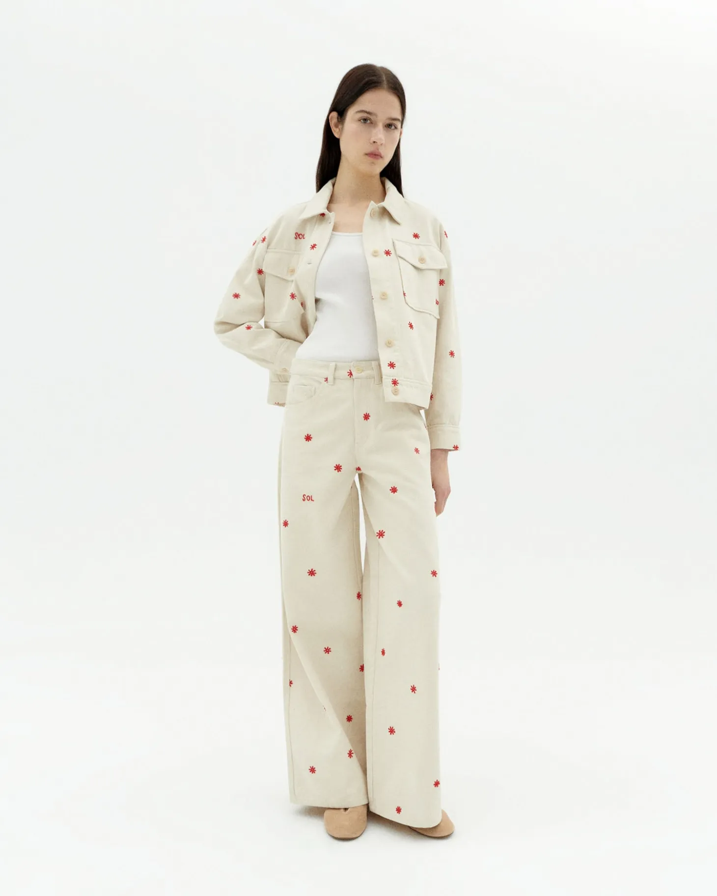 Pantalón wide leg crudo bordado a mano Hedda