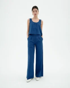 Pantalón wide leg seersucker azul Manolita